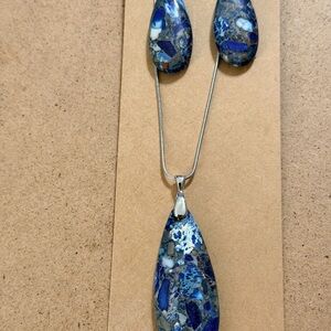 Navy Blue Sea Sediment Jasper Pendant Necklace & Earring Set